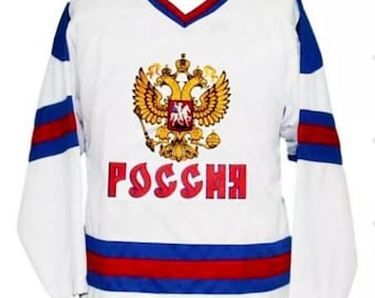 Camiseta de hockey personalizada retro de Ovechkin #8 de la selección rusa, blanca, con cualquier nombre y número.