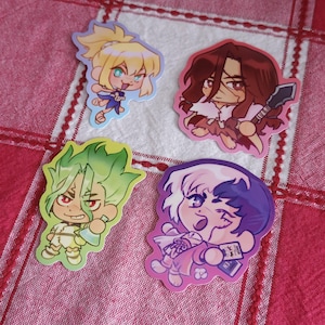 Pegatinas de personajes del Dr. Stone: Senku, Gen, Tsukasa, Kohaku, Xeno y Stanley