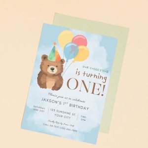 Invito per la festa del 1° compleanno di Cuddly Cub / Download digitale modificabile / Festa a tema orsacchiotto / Bambino