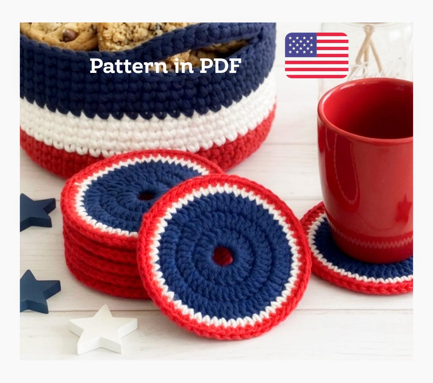 39 Red, White, and Blue Crochet Patterns for Festive Celebrations 16 4th of July Crochet Coaster Patriotic Cup Coaster