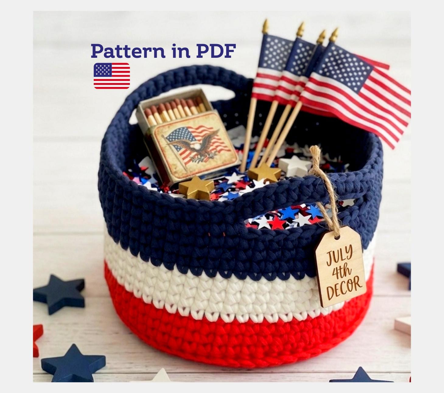 39 Red, White, and Blue Crochet Patterns for Festive Celebrations 28 4th of July Crochet Basket Patriotic USA Flag Basket