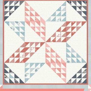 May include: A quilt pattern called "Sugarhouse Star" by Amy Smart, Diary of a Quilter. The quilt is made of pink, blue and red triangles on a white background. The quilt is available in two sizes: throw (78 inches by 78 inches) and king (106 inches by 106 inches).