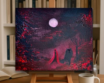 Le Manteau Rouge et le Loup – Une œuvre originale de conte de fées sur toile (20 x 30 cm) – peinture originale réalisée à la main – acrylique sur toile – art fantastique