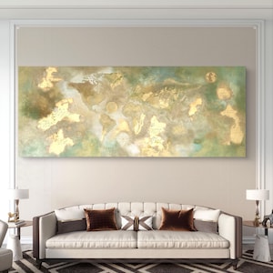 Groot abstract schilderij wereldkaart goud | Origineel acryl schilderij 80x200 | Koop spirituele wanddecoratie met symbolen en bladgoud