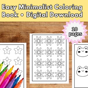 May include: A digital download colouring book with 10 pages featuring simple designs of stars, flowers, and frogs. The book is perfect for kids and adults who enjoy minimalist colouring.
