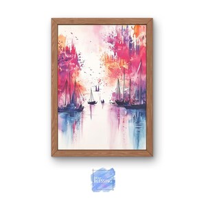 Reflexos de um pôr do sol sonhador com barcos à vela | Arte digital | Impressão digital | Para download