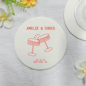 カスタムウェディングコースターセット、ゲストへのウェディングギフト（大量注文）、ウェディングギフト、ブライダルシャワーギフト、パーソナライズギフト、サンキューギフト
