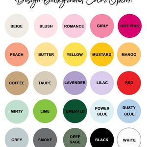May include: A chart displaying 20 different background colour options for design projects. The colours are arranged in a grid of five columns and four rows. The colours include beige, blush, romance, girly, hot pink, peach, butter, yellow, mustard, mango, coffee, taupe, lavender, lilac, red, minty, lime, emerald, power blue, dusty blue, grey, smoke, deep sage, black, and white.