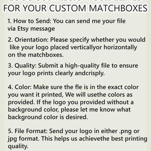May include: A white background with black text outlining guidelines for submitting a logo for custom matchboxes. The text includes instructions on how to send the logo, orientation, quality, colour, and file format.