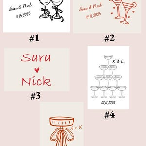 Peut inclure: Cinq designs diff&eacute;rents pour une invitation de mariage avec diff&eacute;rentes illustrations de coupes de champagne et le texte "Sara & Nick" ou "Sara Nick" avec la date du mariage.