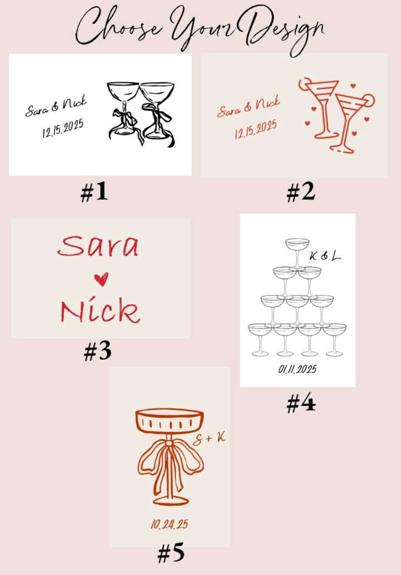 Peut inclure: Cinq designs diff&eacute;rents pour une invitation de mariage avec diff&eacute;rentes illustrations de coupes de champagne et le texte "Sara & Nick" ou "Sara Nick" avec la date du mariage.