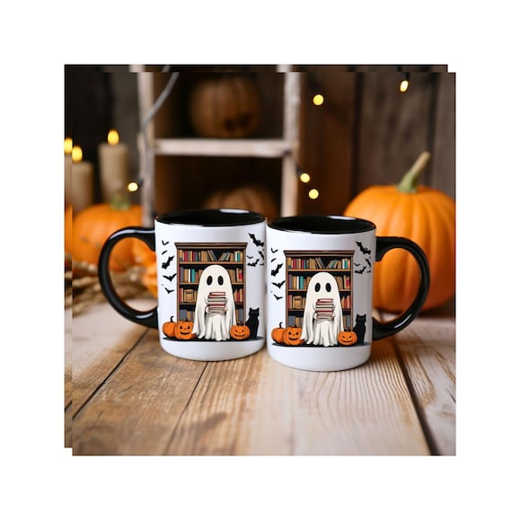 Haunted Book Lover's Mug: Ghostly Pumpkin & Black Cat Halloween Gift