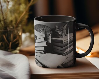 May include: Black ceramic mug with a white image of a cat sleeping on a stack of books.