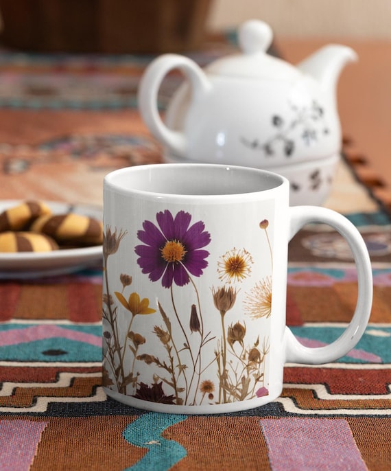 Flower mug wildflower art mug pressed flower gardening mug plant lover mug cottagecore mug grandmas mug floral gift for her