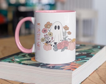 Retro Halloween Ghost Mug: Pink Floral Spooky Kitchen Decor