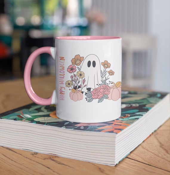 Halloween mug ghost Halloween kitchen spooky mug flower mug gift for her fall mug pumpkin mug pink flower mug pink halloween retro mug
