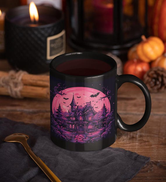 Girly Halloween Castle Mug - Pink Retro Cup for Spooky Season