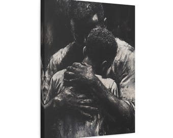 A Father's Embrace Canvas Print, Black Father and Son Charcoal Drawing, Matte Finish Artwork, Wall Decor Gift