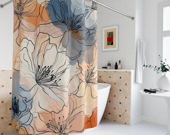Cortina de ducha con estampado floral de acuarela Botanical Whispers / Patrón de amapola azul y naranja