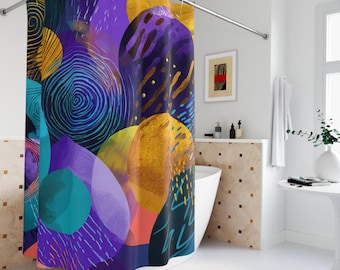 Collection Cosmic Currents, rideaux de douche abstraits, décoration colorée pour salle de bain, décoration artistique pour salle de bain, accessoire de maison moderne