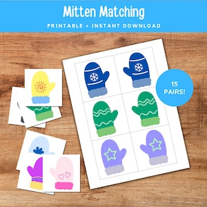 May include: Printable mitten matching game with 15 pairs of mittens in various colors and patterns, including snowflakes, stars, hearts, and a sun. The game is printed on white paper with a blue header that says "Mitten Matching" and "Printable + Instant Download".