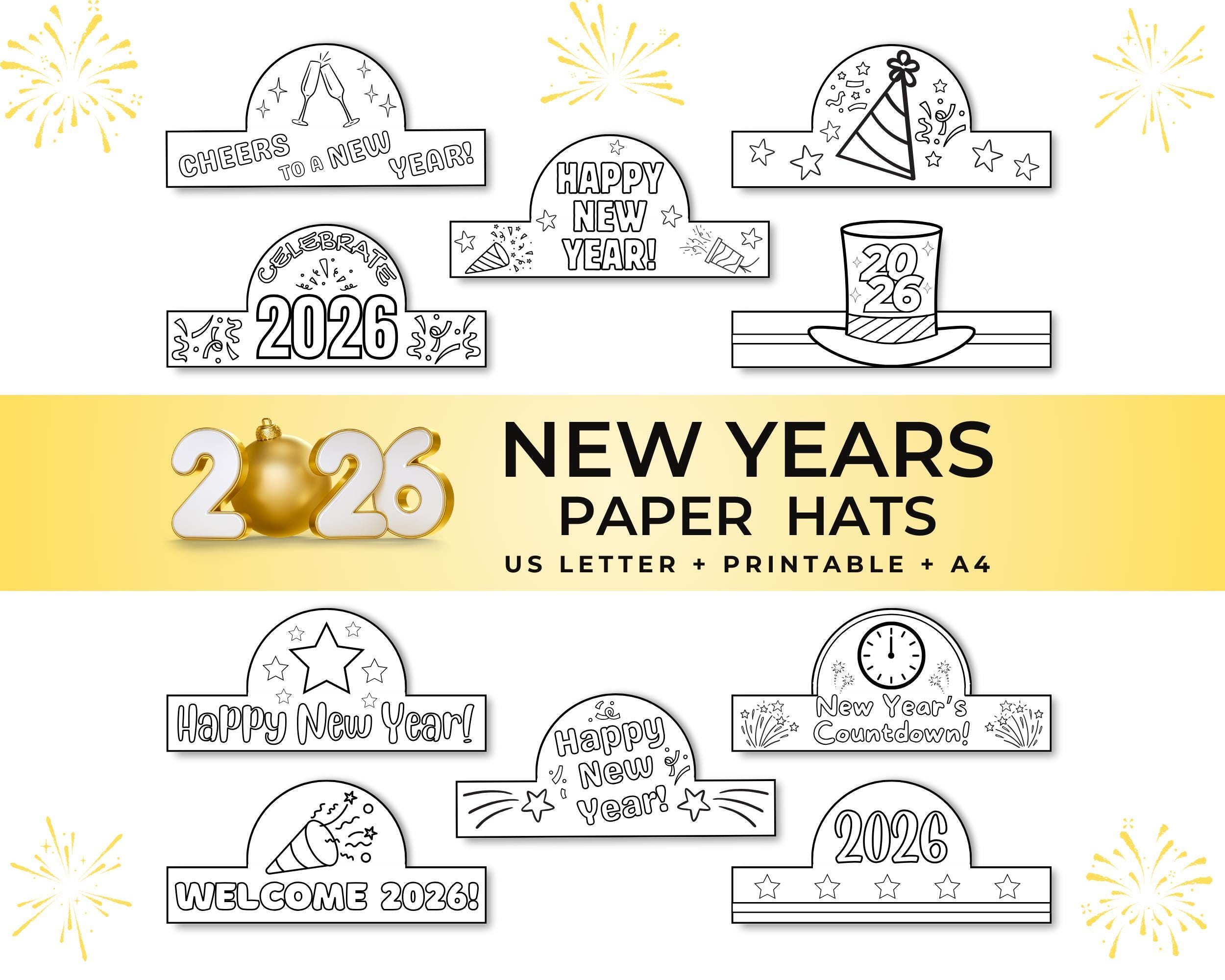 New Years Party Hat Coloring Craft, 2026 New Years Eve Paper Crown,…