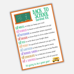 Back to School Survival Kit Gift Tag, First Day of School, Instant Printable Digital Download, Student Gift, Teacher, Administrator, Staff