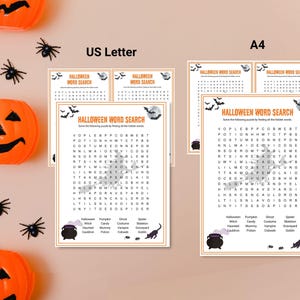 Two sets of Halloween Word Search and Halloween Word Search Solution pages are displayed with US Letter and A4 labels. Each set includes one full size puzzle and one landscape-oriented page with two Halloween Word Searches on it.