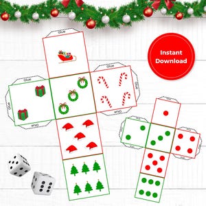 Könnte beinhalten: Weihnachtswürfel und druckbare Würfelvorlagen mit festlichen Illustrationen. Die Vorlagen zeigen Bilder von Santa's Schlitten, Geschenken, Kränzen, Zuckerstangen, Weihnachtsmützen und Weihnachtsbäumen. Die Würfel zeigen Punkte. Ein roter Kreis liest "Instant Download".