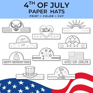 4th of July Paper Hat Coloring Craft, July 4th Paper Crown Template, Patriotic Paper Hat, Independence Day Craft, President’s Day Headband