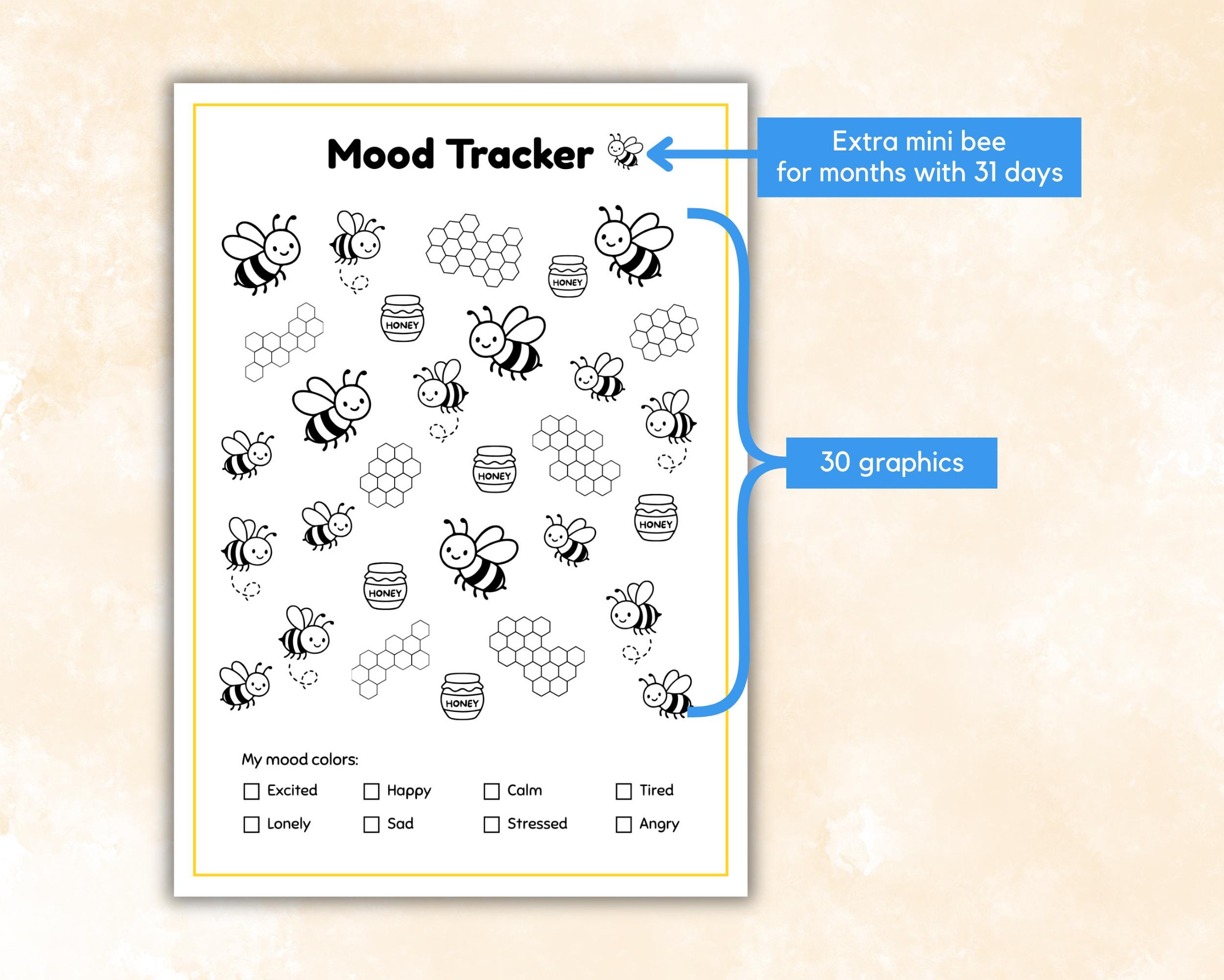 Bee Mood Tracker Printable, Monthly Kawaii Mood Tracker, Honey Bee Self ...