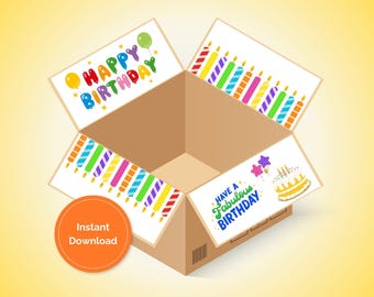 May include: A printable birthday card design featuring a box with colorful balloons, candles, and the text "Happy Birthday" and "Have a Fabulous Birthday".