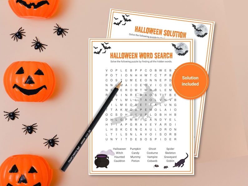 Halloween Word Search page, Halloween Word Search Solution page, and a pencil are shown along with plastic orange pumpkins and black spiders. An orange circle displays, "Solution included".