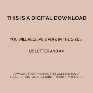 Text displays, "This is a digital download. You will receive 2 PDFs in the sizes: US Letter and A4. Download from the email Etsy will send you or from the purchases section of your Etsy account."