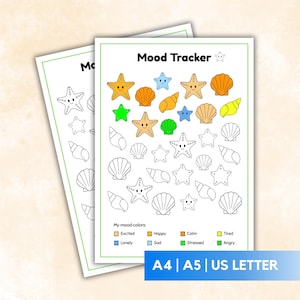 May include: Two printable mood tracker sheets with a beach theme. The sheets feature colorful starfish, seashells, and the text "Mood Tracker." The mood tracker includes color-coded emotions such as excited, happy, and angry. The sheets are available in A4, A5, and US Letter sizes.