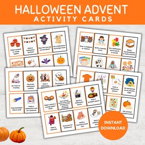 May include: A collection of Halloween Advent Activity Cards with orange and white text. The cards feature various Halloween-themed activities, such as making caramel apples, decorating cookies, and watching a movie. Two orange pumpkins are in the foreground.