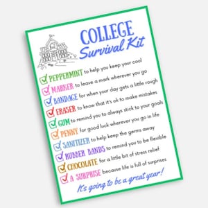 Etiqueta de regalo para kit de supervivencia universitaria, Bienvenido a la universidad, 5 x 7 pulgadas, imprimible, descarga digital instantánea, regalo para estudiantes, paquete de atención personalizado