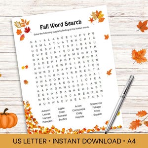 May include: A printable Fall word search puzzle with a white background and a border of orange and yellow autumn leaves. The puzzle features words related to the fall season, such as "autumn", "leaves", "harvest", "pumpkin", "apple", "cider", "sweater", "bonfire", "acorn", "cornucopia", "chilly", "hayride", "scarecrow", "foliage", "crisp", and "squash".