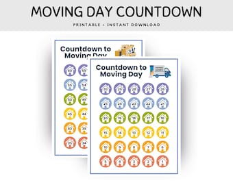 May include: Printable moving day countdown with colorful circles featuring house icons and numbers from 1 to 60. The text "Countdown to Moving Day" is at the top of the page.