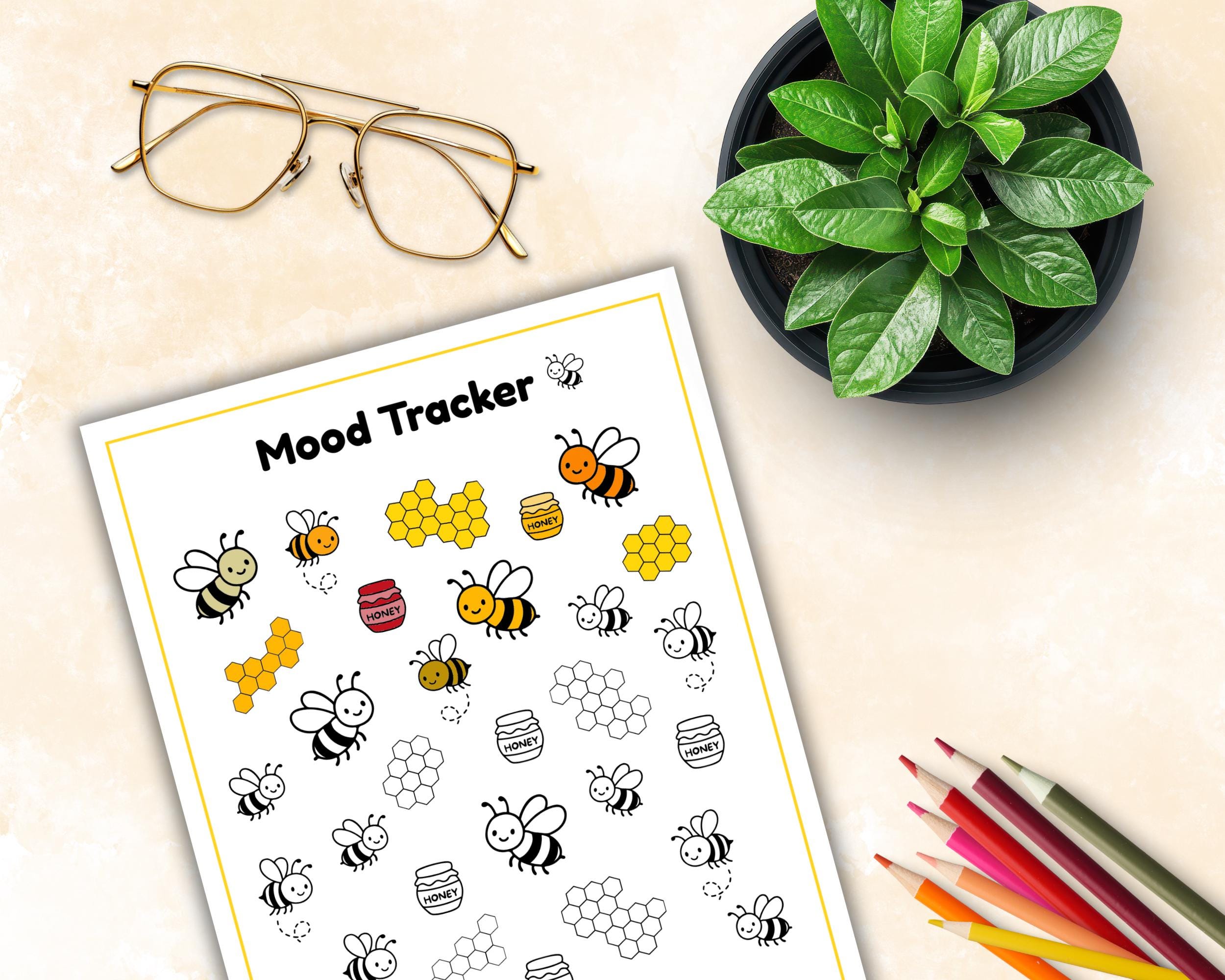 Bee Mood Tracker Printable, Monthly Kawaii Mood Tracker, Honey Bee Self ...