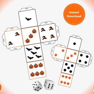 Könnte beinhalten: Halloween-Würfelvorlagen mit Kürbis-, Hexenhut- und Fledermausillustrationen. Das Bild zeigt zwei Würfel, einen zusammengebauten und einen flachen, mit dem Text "Instant Download" auf einem orangefarbenen Kreis.