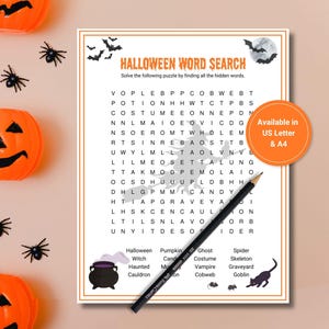 Halloween Word Search and pencil are displayed along with plastic orange pumpkins and black spiders. Orange text box displays "Available in US Letter &, A4”.
