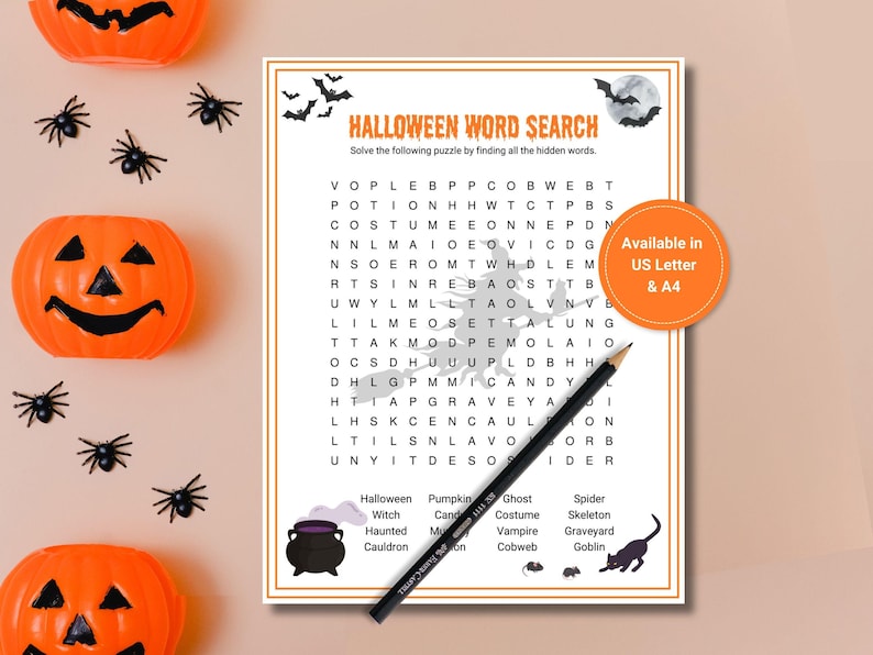 Halloween Word Search and pencil are displayed along with plastic orange pumpkins and black spiders. Orange text box displays "Available in US Letter &, A4”.