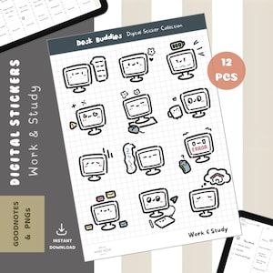Puede incluir: Una hoja de pegatinas digitales con la etiqueta "Desk Buddies Digital Sticker Collection" con 12 piezas. Las pegatinas presentan diseños de ordenadores de dibujos animados con diversas expresiones e iconos. También se ven las palabras "Digital Stickers Work & Study".