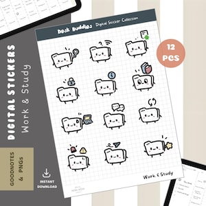 May include: A collection of 12 digital stickers featuring cute folder designs with various icons. The stickers are labeled "Desk Buddies" and are designed for "Work & Study." The image also includes the text "Goodnotes & PNGs" and "Instant Download."