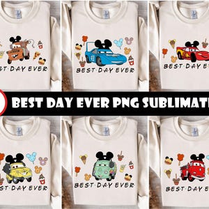 Best Day Ever PNG Bundle, Mouse Ears Cars Png, Cute Food Snacks Sublimation, Car Theme Vacation Shirt PNG, 6 PNG Car Character Set