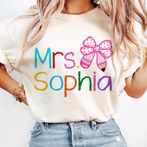 Personalized Teacher Name Png, Pencil Bow PNG, Rainbow Text Sublimation Design, Back To School PNG For Teachers