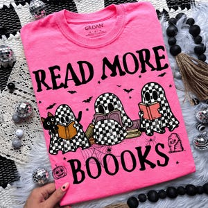 Read More Books Png, Ghost Reading Png, Halloween Teacher Png, Spooky Book Lover Sublimation, Checkerboard Ghost Png Digital Download