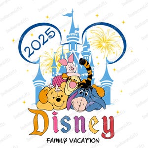 Pooh y sus amigos 2025 Svg, aventura en el castillo 2025 Svg, clipart de vacaciones familiares, reino mágico SVG, diseño de dibujos animados de amigos Svg