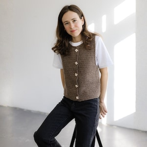 Crochet Vest Pattern: Button-Up Brown Vest with Golden Buttons (PDF Pattern)